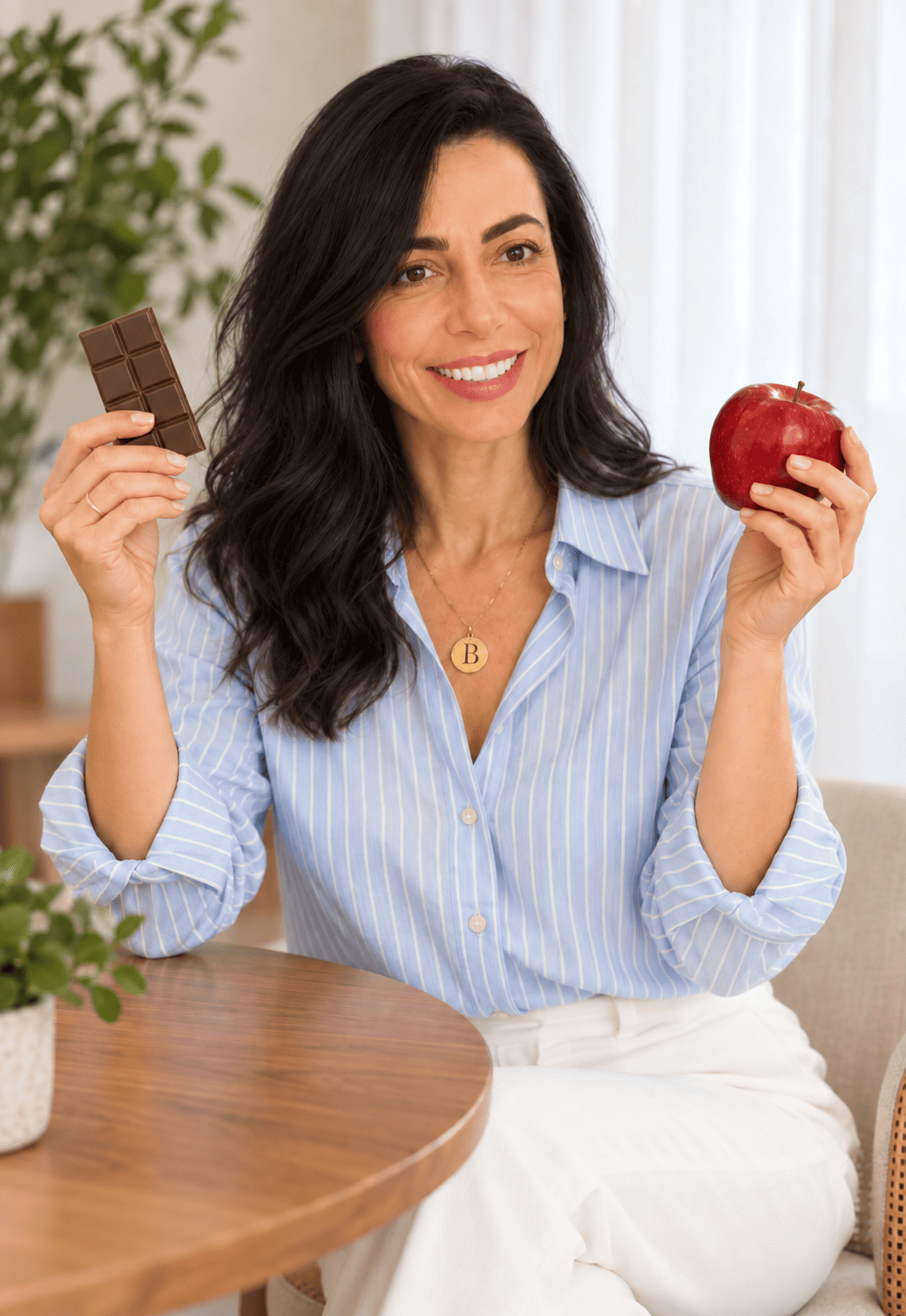Luciane Bologna, nutricionista e Natural Chef, sorrindo com uma barra de chocolate em uma mão e uma maçã na outra