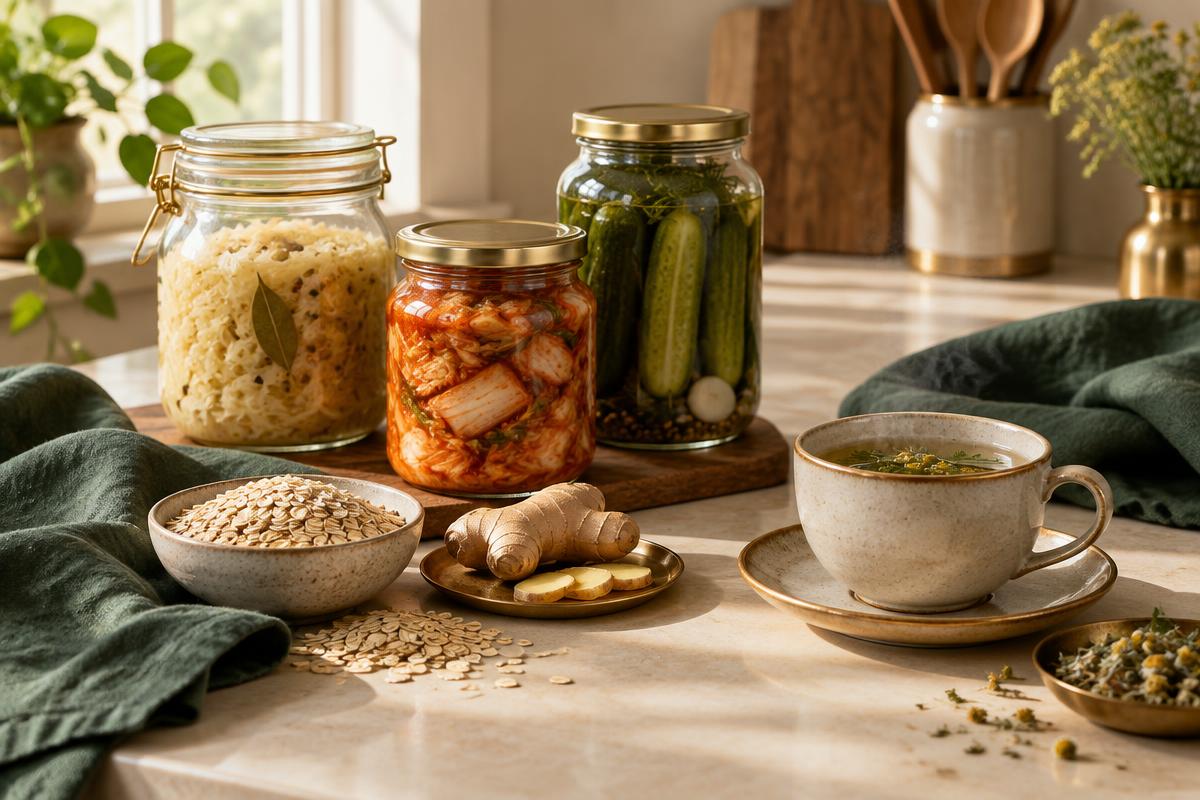Alimentos fermentados, aveia, gengibre e infusão