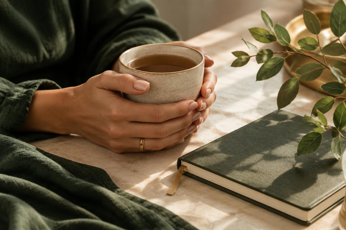 Momento de pausa com chá, caderno e elementos naturais